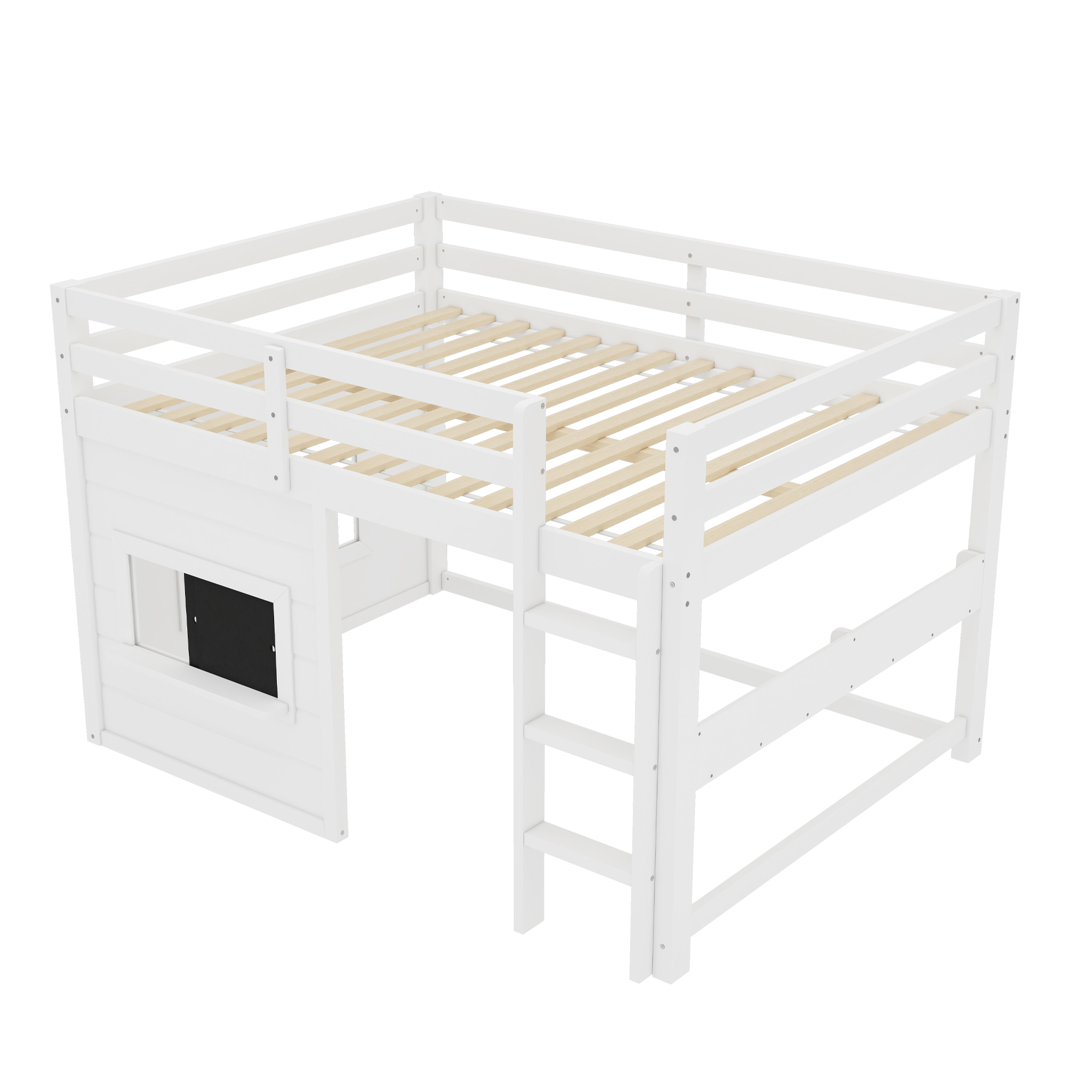 Leumius Full Size Loft Bed with Storage Shelves,Solid Wood Low Loft Bed Frame with Chalkboard and Bookshelf,Space Saving,White
