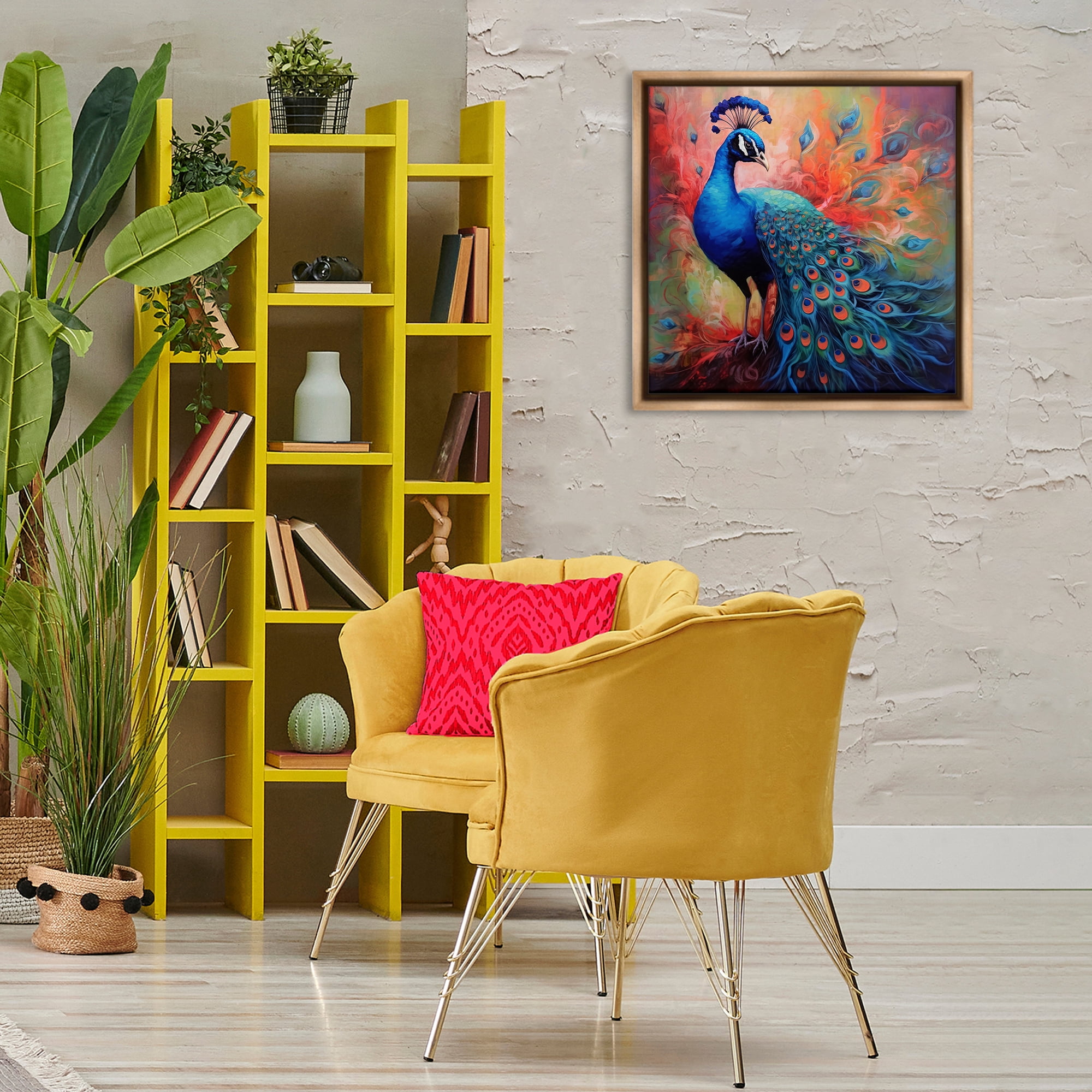 Stupell Industries Feathered Fantasy Peacock Animals Painting Brown Floater Framed Canvas Art Print Wall Art, 25 x 25