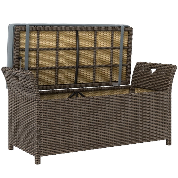 Dark Grey PE Rattan Storage Bench with Cushion - 29 Gallon Patio Seating & Outdoor Storage Box - Perfect for Balcony, Deck, or Garden - Durable & Portable Design