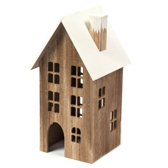 On the Surface Décor pour les Fêtes Maison en bois hivernale, toit blanc étincelant et murs en bois sombre, haute