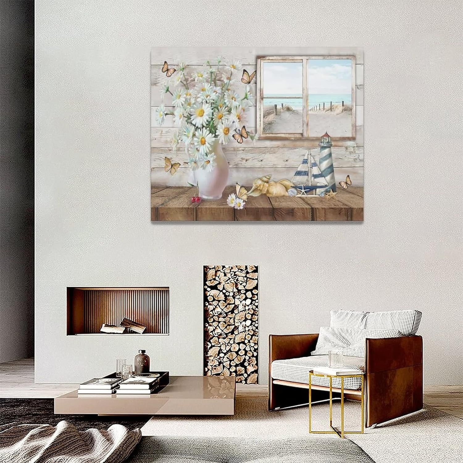 Daisy Butterflies Bathroom Wall Art Nautical Beach Pictures Rustic Floral Decor Flower Canvas Painting Seashell Decorations Framed Artwork for Bathroom Kitchen Bedroom 20"x16"