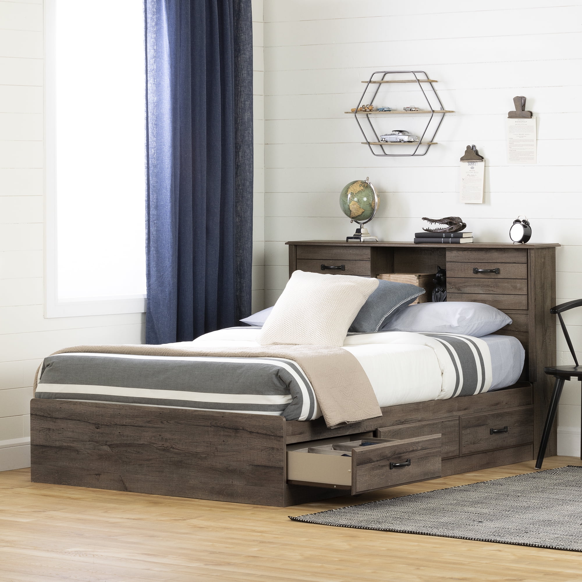 South Shore Ulysses Full Storage Bed and Bookcase Headboard Set, in Fall Oak