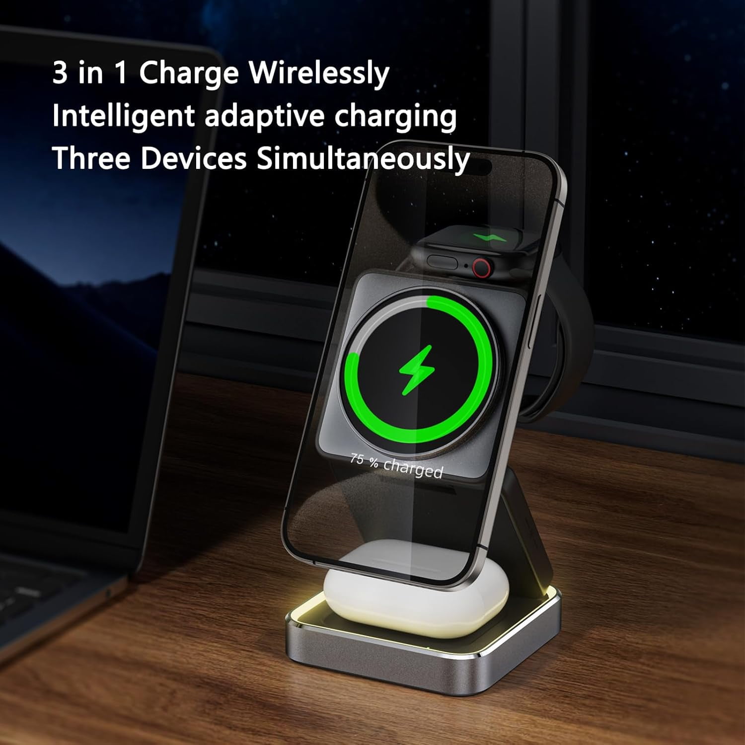 3 in 1 Wireless Charger for iPhone 17 16 15 14 13 12 11 Pro Max Foldable Wireless Charging Station with Night Light for MagSafe Travel Magnetic Charger Stand Fast Charging for AirPods Apple Watch B