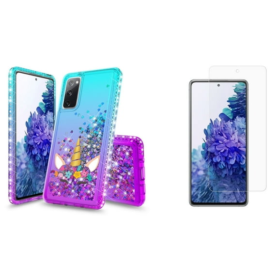 Bemz Liquid Quicksand Case for Samsung Galaxy S20 FE (with 2 Pack of Tempered Glass Screen Protectors and Touch Tool) - Unicorn (Teal/Purple)