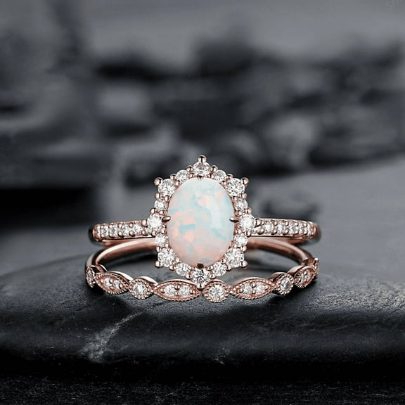 White Fire Opal and Diamond Engagement Ring Set in 14K Rose Gold Vermeil- Unique Oval Cut Opal Halo Promise Ring Bridal Set