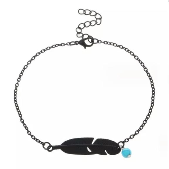 HOOUN 925 Silver Plated Feather Chain Pendant Bangle Bracelet Foot Anklet Gift-Black