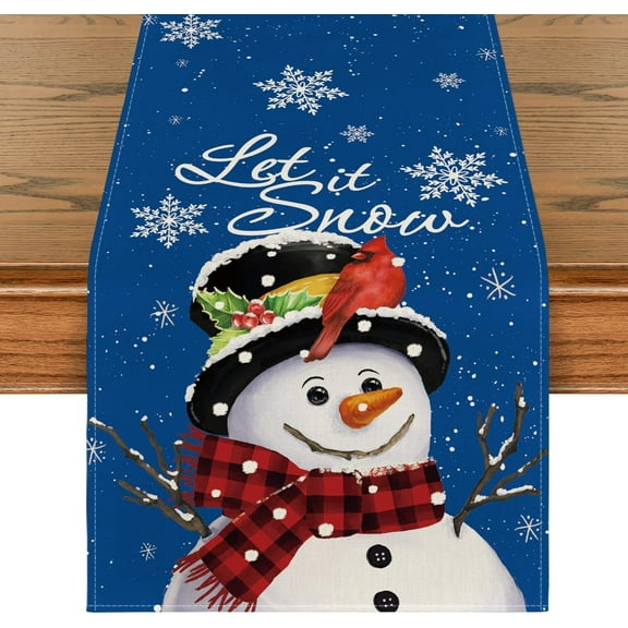 Rdsfhsp Blue Snowman Let It Snow Winter Table Runner, Seasonal Christmas Kitchen Dining Table Decoration for Home Party Indoor 13x72 Inch