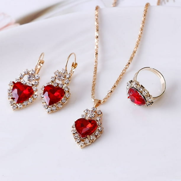 Nvzi Conjunto de joyas de diamantes de imitación con forma de gota de agua a la moda, collar con colgante de gota de agua retro,conjunto de joyas para madre, novia, boda, rojo B