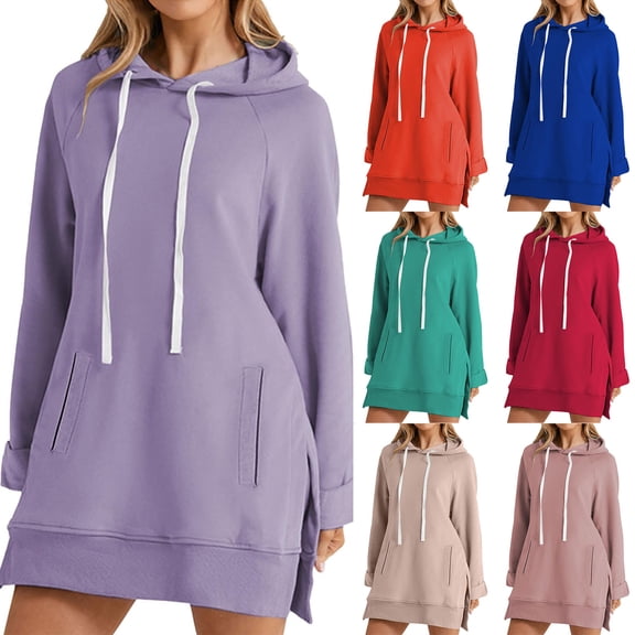 HomeDM Long Sleeve Hoodies for Women, Solid Color Loose Fit Sweatshirts Side Split Pullover Tops for Fall Winter - Light Purple/L