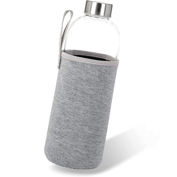 Botella de agua de vidrio con funda y tapa de acero inoxidable - tamaño de 50 ml - tapa a prueba de fugas, reutilizable, muy adecuada para viajes y almacenamiento de jugos de bebidas, batidos,
