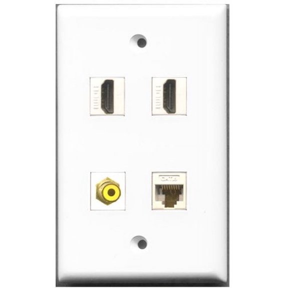 RiteAV - 2 Port HDMI 1 Port RCA Yellow 1 Port Cat6 Ethernet White Wall Plate