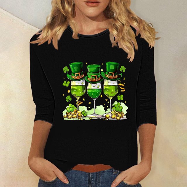 Meichang Hauts et Blouses à Manches 3/4 pour Femmes en Liquidation, Chemises de la Saint-Patrick Imprimé Trèfle Trèfle Col Rond Coupe Ample