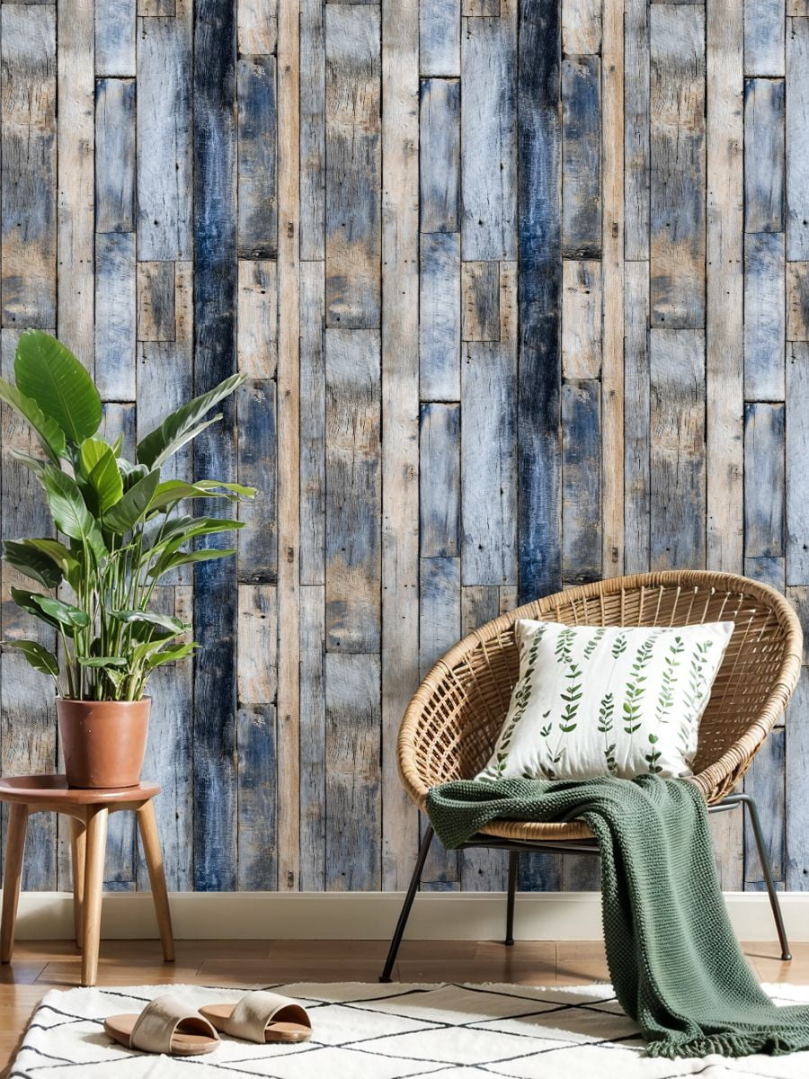 Peel and Stick Wallpaper Rustic Blue Brown Wooden Plank Wall Distressed Texture Wall Mural 17.7in x 9.8ft Self Adhesive Removable Wall Paper Renter Friendly Wallpaper for Nursery Bedroom Cabinets