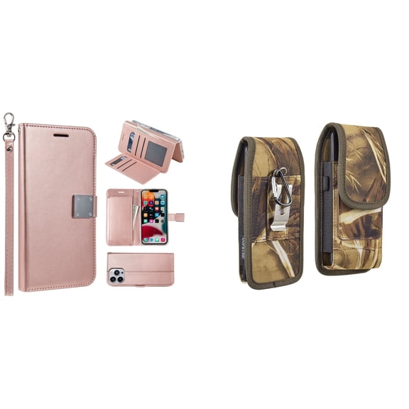 Bemz Pocket Clutch Wallet Case and Belt Holster Pouch for iPhone 14 Pro (Rose Gold/Camo)