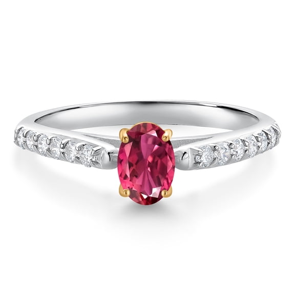 Gem Stone King 925 Sterling Silver and 10K Yellow Gold Pink Tourmaline and White Lab Grown Diamond Engagement Ring for Women (0.66 Cttw, Oval 6X4MM, Gemstone October Birthstone, Size 5)