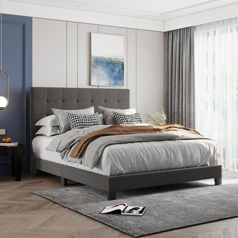 Clearance Upholstered Platform Bed with Tufted Headboard Box Spring Needed Gray Linen Fabric Queen Size