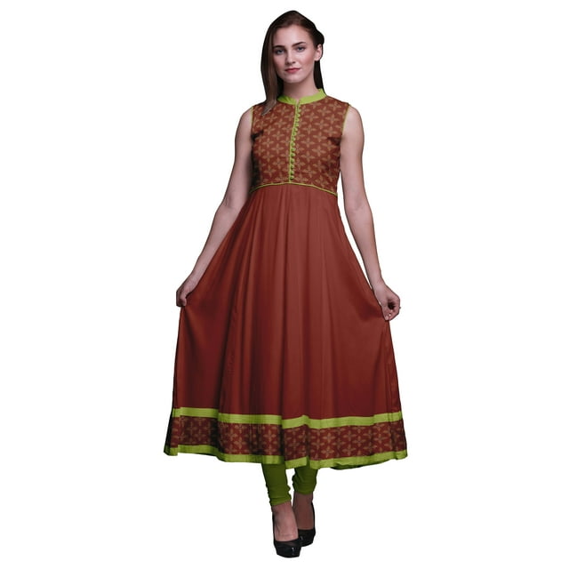 Bimba Brique Rouge2 Damassé Imprimé Femme Designer Col Mandarin Robe Anarkali Ethnique Indienne Kurta Moyen