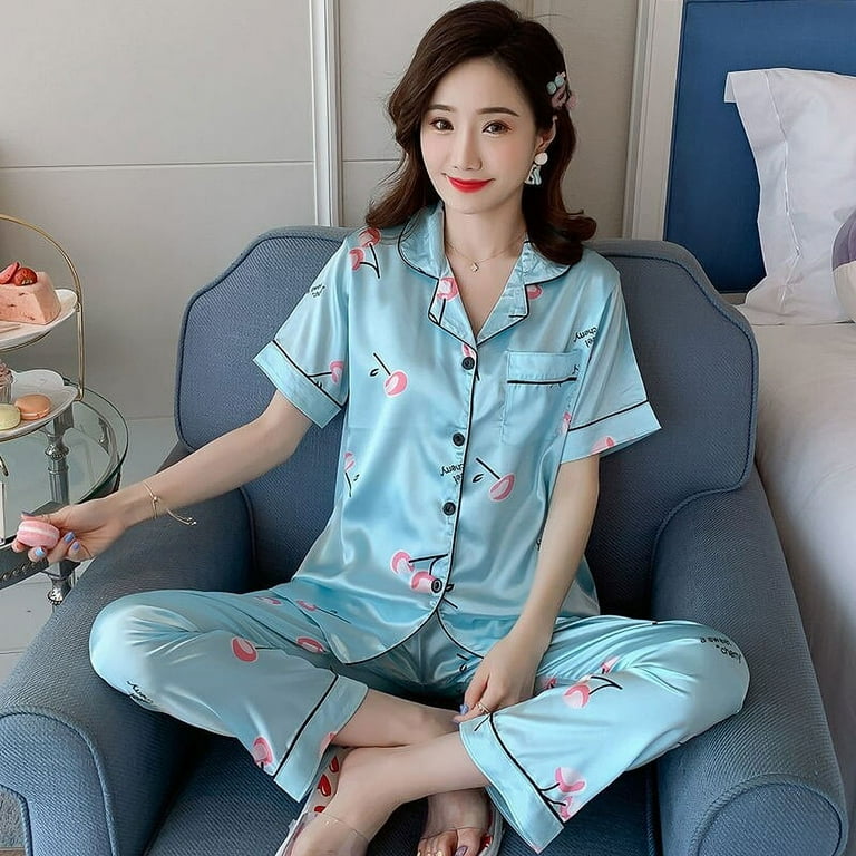 DanceeMangoo Hot Sale Short Sleeve Silk Pajamas Soft Women Summer Home Set Girl Sleepwear Pyjamas 3XL 4XL 5XL 85kg Nightwear Set Walmart