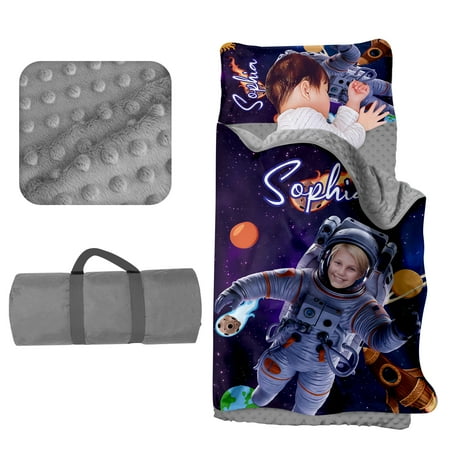 AOLOA Custom Toddler Nap Mat for Daycare Boys Travel Sleeping Bag Kids Nap Mats with Pillow Blanket for Preschool Kindergarten Personalized Name Easy Carry Nap Sack Astronaut