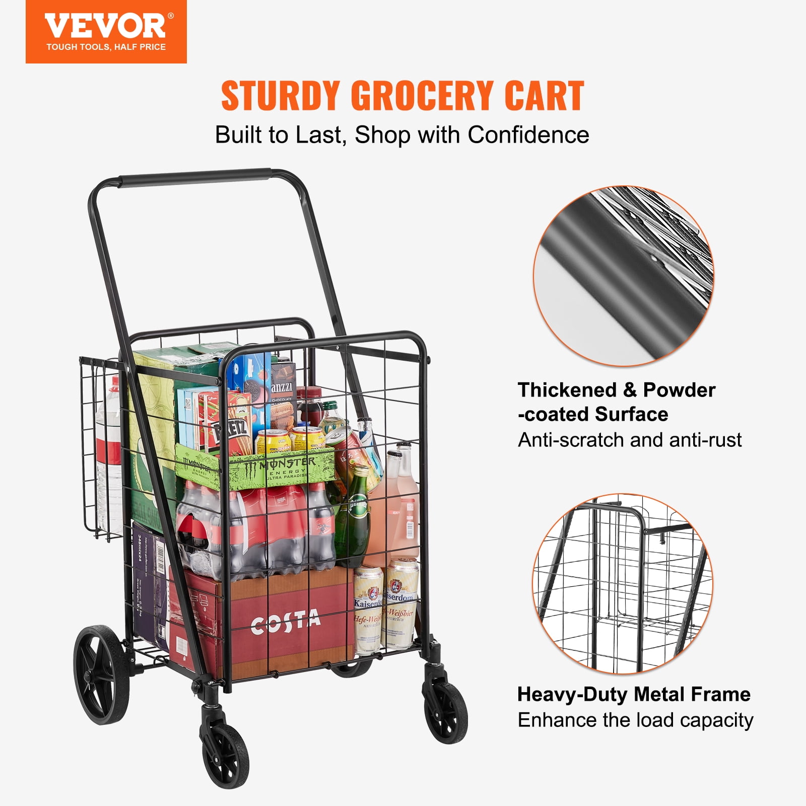 VEVOR Folding Shopping Cart 110 lbs Rolling Grocery Laundry Cart Utility Trolley with Double Baskets Swivel Wheels Adjustable Handle Black
