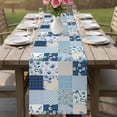 thumbnail image 4 of Blue Floral Table Runner 72 Inches, Spring Flowers Plants Patchwork Grid Bohemia Bed Runner Dresser Scarves Tabletop for Indoor Outdoor Parties/Ceremony/Banquet, 18" x 72", 4 of 8