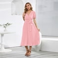 thumbnail image 3 of SWSMCLT Women's Short Sleeve High Waist Ruched Long Dresses Fall Dress V Neck Fitted Fashion Spring Sundress Pink Large, 3 of 4