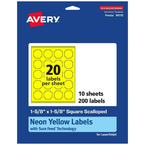 Avery Square Scalloped Labels, Neon Yellow, 1-5/8" x 1-5/8", 200ct