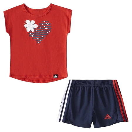 adidas Graphic Tee & Mesh Shorts Set (Infant) (Girls, Bright Red, 12 Months)
