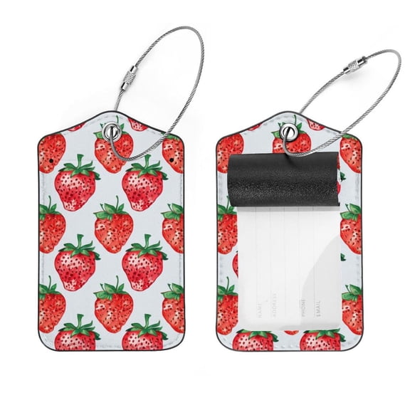 PhooArto 2 Pcs Cute Strawberries Pattern Luggage Tag for Suitcases, Leather Baggage Tags Identifiers for Travel, Stainless Steel Loop Name ID Label for Women Bag Backpack