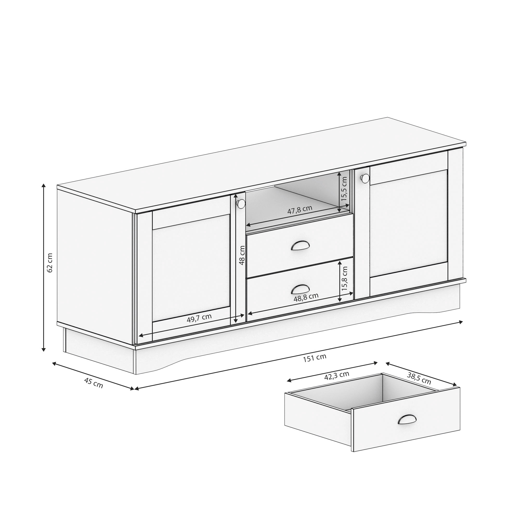 Kappesberg Fairfield Mid-Century Modern 59.4"W TV Stand with Drawers, Doors & Cable Niche – White/Light Oak