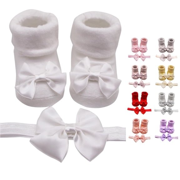 Baby Girls Sock‑Shoe & Headband Set, Newborn Soft‑Sole Princess Socks with Bow, Matching Bow Hairband, Infant Gift Slipper‑Socks Floor Socks for Photo‑Shoot