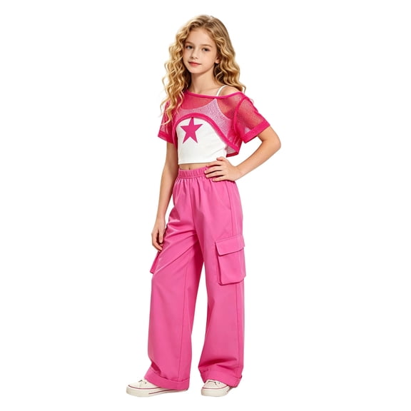 Girls 3‑Piece Outfit Mesh Short Sleeve Shrug Star Print Cami Tank Top and Elastic Waist Wide Leg Cargo Long Pants Casual Fashion Clothing Set for Kids Daily Party Wear(Red,10-11 Years)