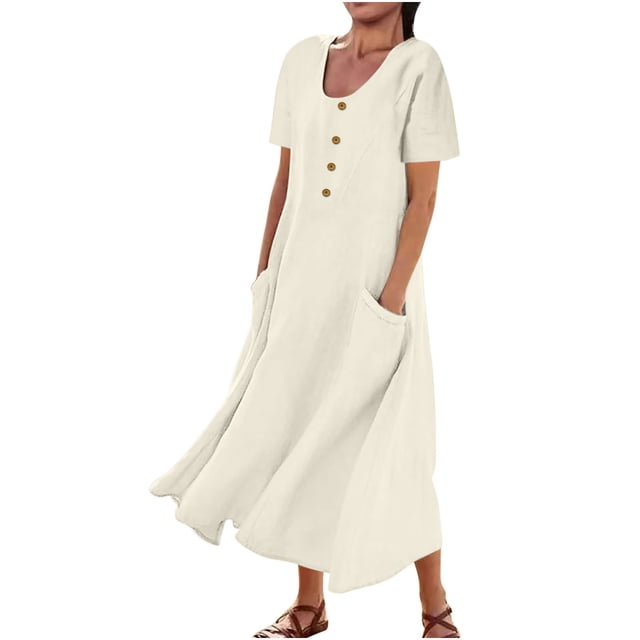 Staron Robe d'Été pour Femmes à Manches Longues Maxi Longue Plage Coton Lin Robes Boutonnée Col en V Décontractée Robe d'Été