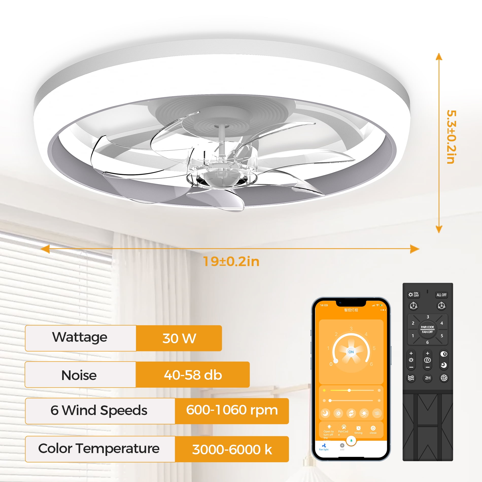 Ceiling Fan with Light, Remote & APP Control, 19" Low Profile Ceiling Fan with 3 Colors Lighting and 6 Wind Speeds, Invisible Bladeless Ceiling Fan