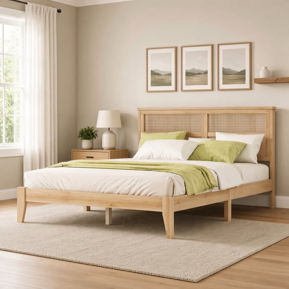 Queen Size Rubber Wood Platform Bed with Rattan Headboard, Solid Wood Bed Frame, Enhanced Support Feet, Mid-Century Modern Design, No Box Spring Needed, Natural