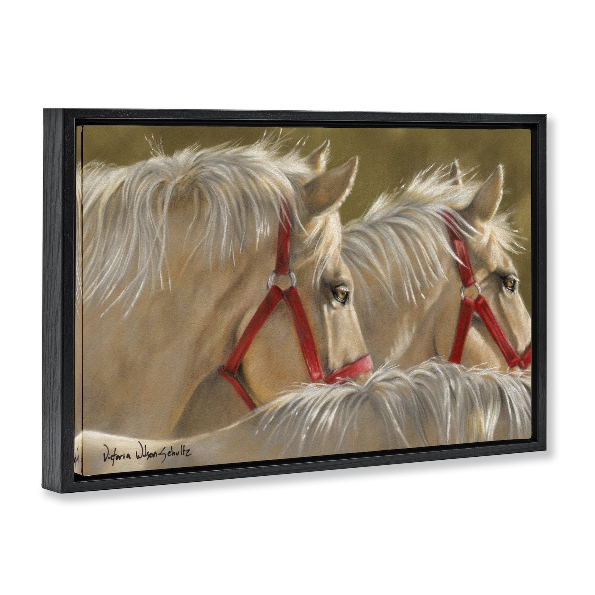 Stupell Industries Horses with Red Bridles Animals & Insects Painting Black Floater Framed Canvas Art Print Wall Art, 25 x 17