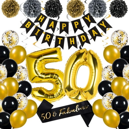46 Pack 50th Birthday Decorations Kit, Black and Gold 50th Birthday ...