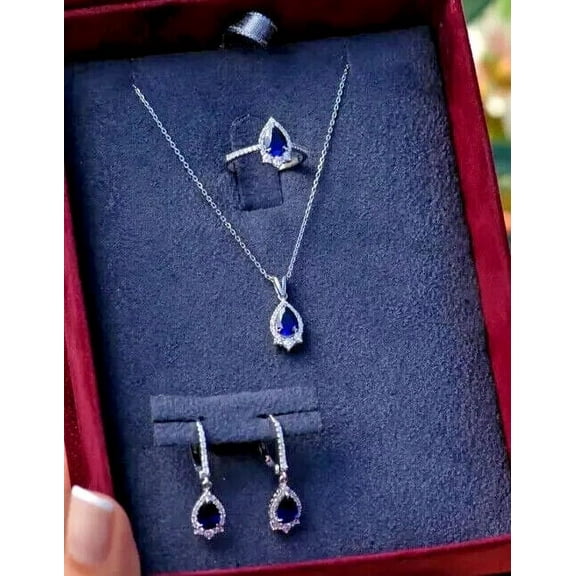 Valentine's Day Gift For Women's Mix Jewelry Set 14K White Gold Plated Lab Created Blue Sapphire 2.50Ct Pear