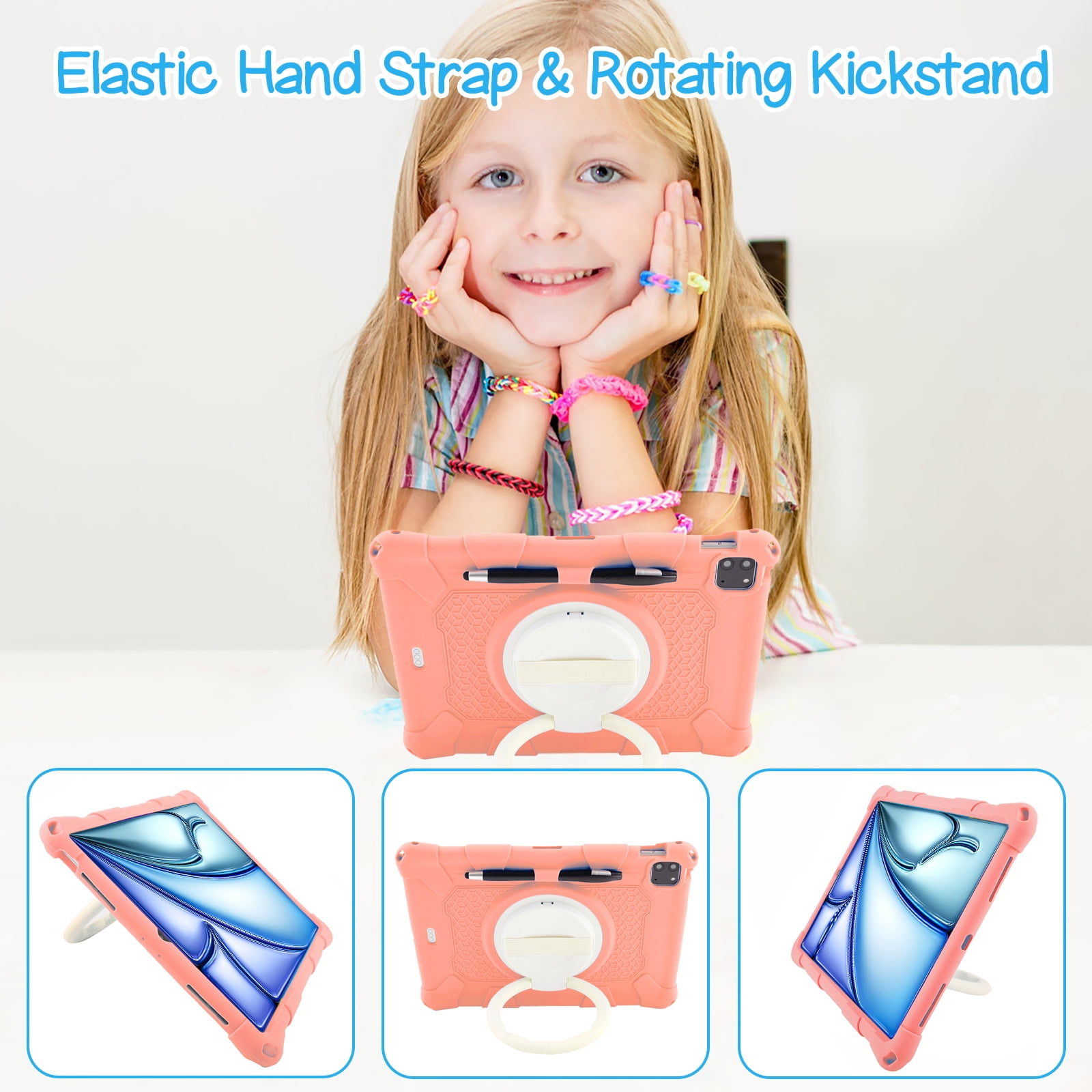 Case for Apple iPad Pro 11 5th 4th 3rd 2nd 1st Gen/ iPad Air 11 2024 M2/Air 4 5, Soft Silicone Drop Protection Rotating Kickstand with Shoulder Strap Pencil Holder Kids Friendly Lightweight, Pink
