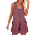 thumbnail image 2 of Leesechin Scoop Solid Neck Sleeveless One-Piece Buttons Short Juniors Jumpsuit Rompers With Pockets, 2 of 8