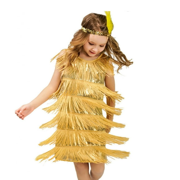Girls Flapper Dress Sequins Fringe Latin Dance Dress Tassel Tango Dress Ballroom Costume With Feather Headband Yellow L/10 Y—12 Y
