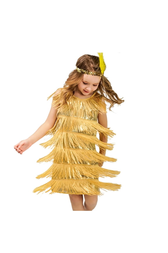 Girl Dresses Flapper Sequins Fringe Latin Tango Dance Dresses With Feather Headband Crew Neck Sleeveless Black Sizes 10-12 Dress For Girls