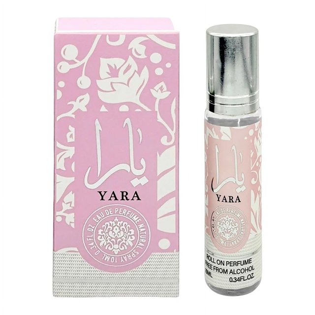original lattafa asad bourbon para unisex eau de parfum spray perfumes árabes originales lattafa yara perfume conjunto completo de fragancias 10ML sample roll-on. Front-facing studio shot of pink patterned box and matching 10 ml glass vial with silver cap, Arabic script and YARA logo, floral motif on label; scent family: fruity, vanilla, spicy and amber wood; suitable for purse or travel sample.