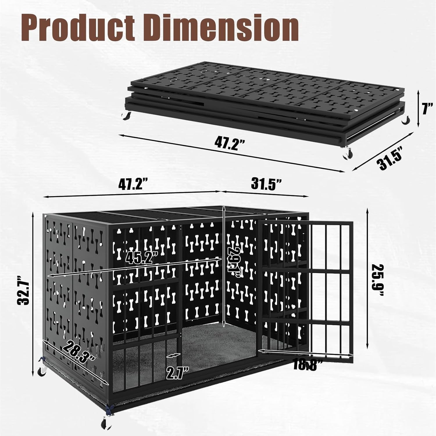 Waleaf 48 inch Heavy Duty Indestructible Dog Crate, Escape Proof Dog Cage with Enclosed Design, High Anxiety Dog Crate for Large Dogs, Lockable Wheels and Removable Trays, Large