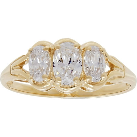Believe By Brilliance 6mm Three-Stone Oval-Cut CZ 10kt Yellow Gold Engagement Ring