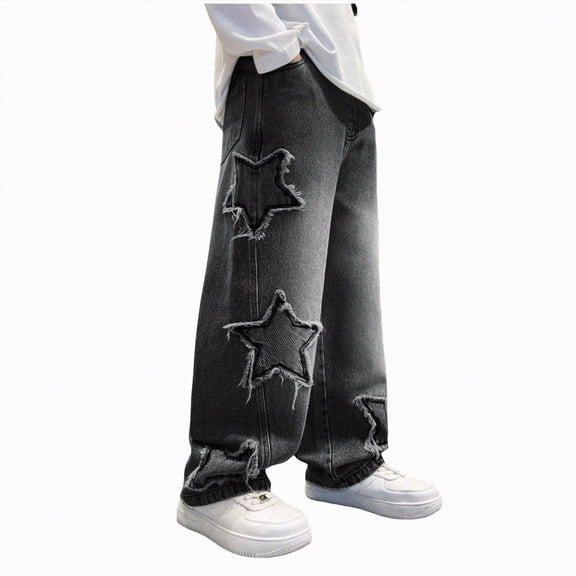 kpoplk Boys Cargo Jeans, Casual Elastic Waist Denim Pants Baggy Wide Leg Trousers with Pockets(Black,10-11 Y)