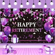 Purple Happy Retirement Banner Decorations Large Purple and Black Retirement Backdrop Sign in Retirement Theme Party Photo Booth Background