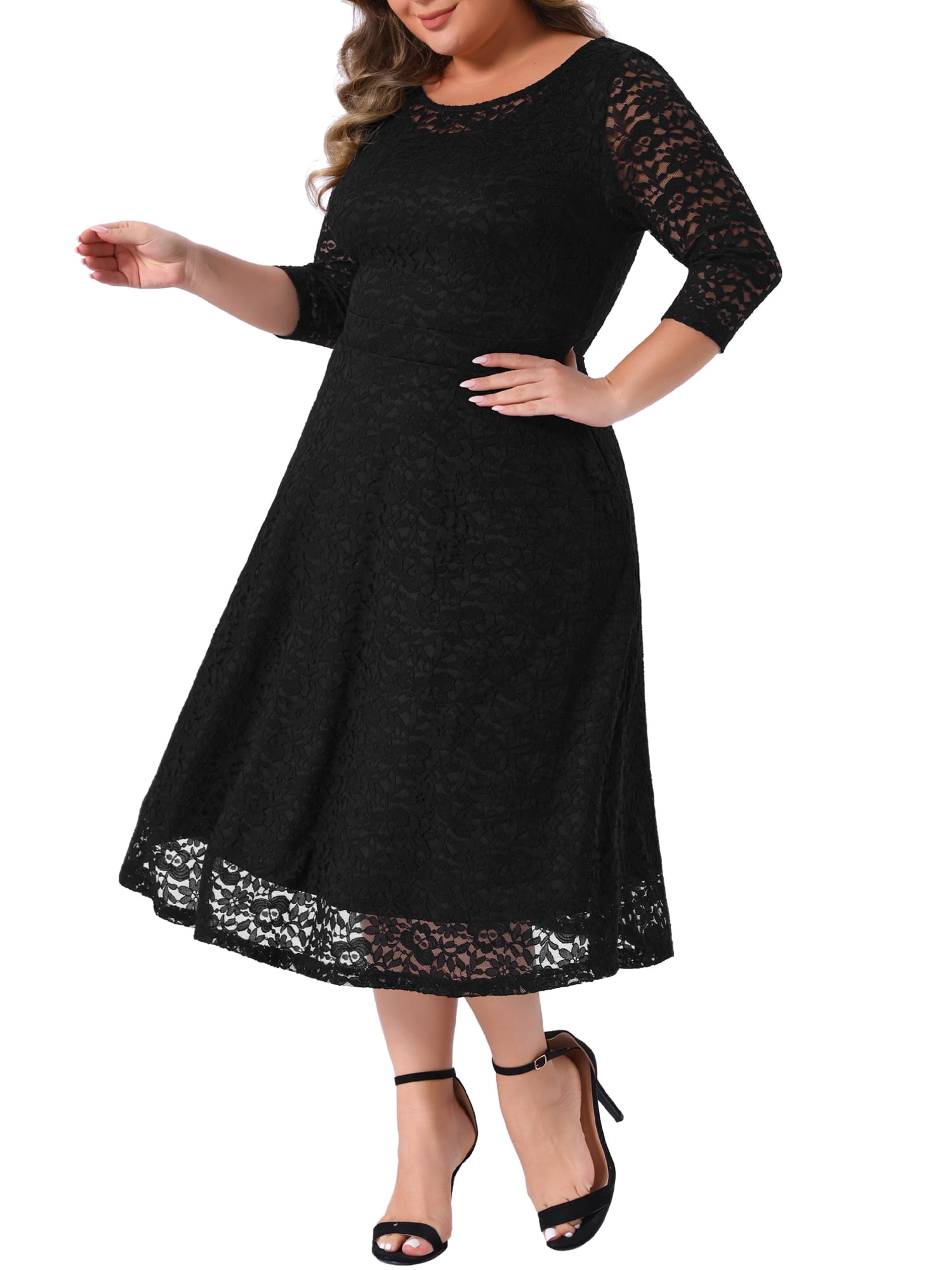 DARING DIVA Women's Plus Size Floral Lace 3/4 Sleeves Pocket Cocktail Dress 1X Black