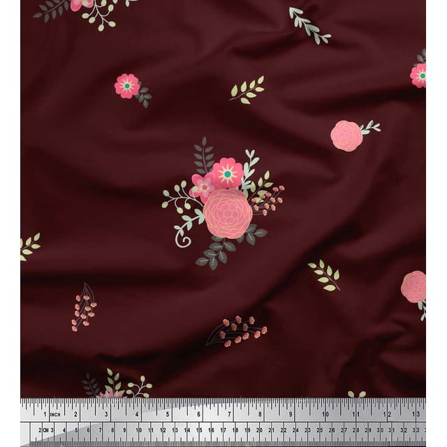 Soimoi Tissu en Soie Rouge Feuilles & Fleurs Roses Imprimé 1 Yard 42 Pouces de Large