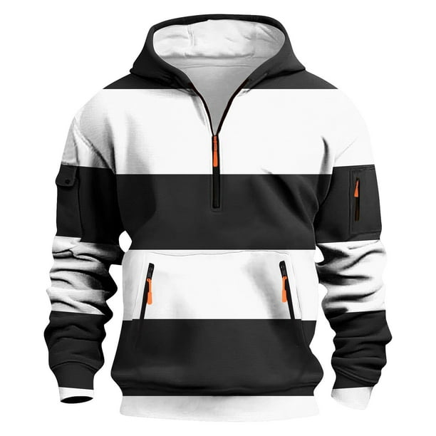 Dolkfu Sudadera con capucha de rayas para hombre, sudadera deportiva con cremallera de 1/4, camiseta de fitness con capucha para hombre L